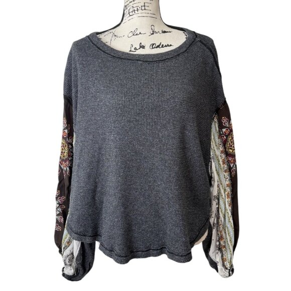 Free People Grey Blossom Thermal Top Boho Womens Size M - Picture 2 of 8